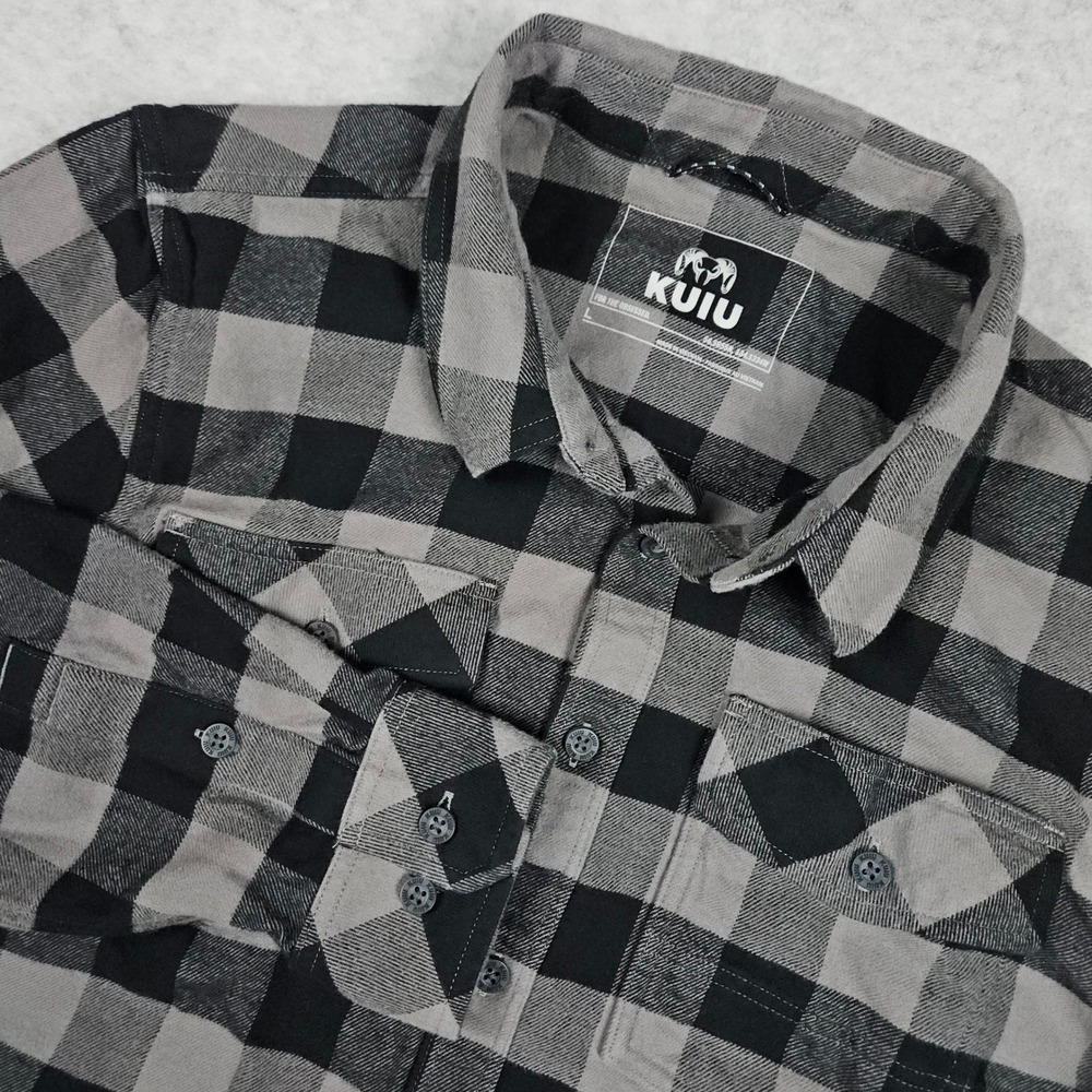Kuiu Men's Large Gray Black Plaid Flannel Button Down Wool Blend Hunting Outdoor